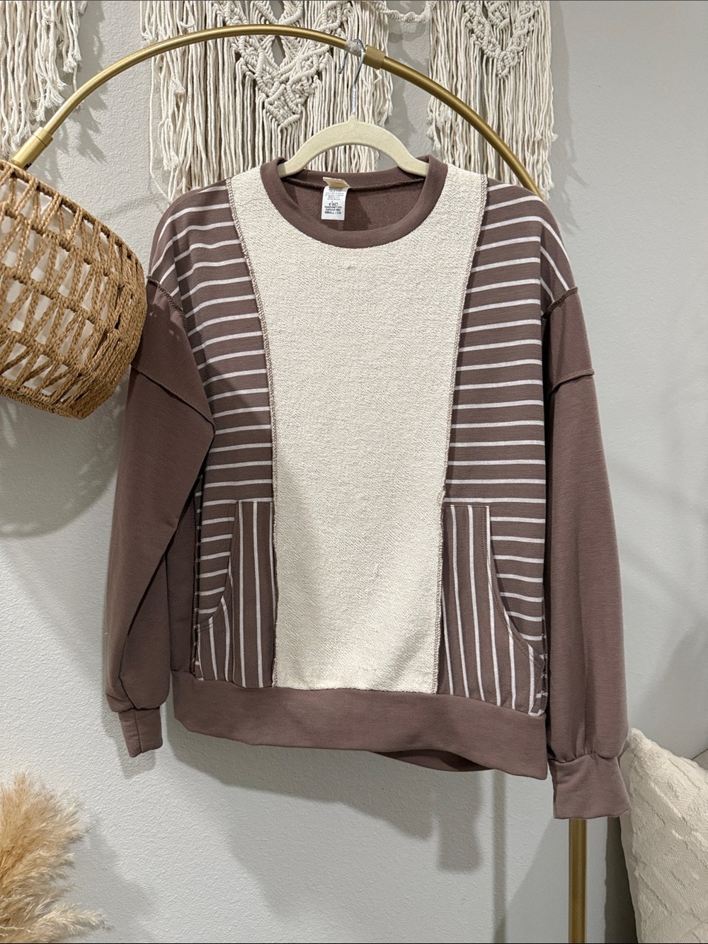 adidas Women's Brown and Cream Striped Panel Sweatshirt